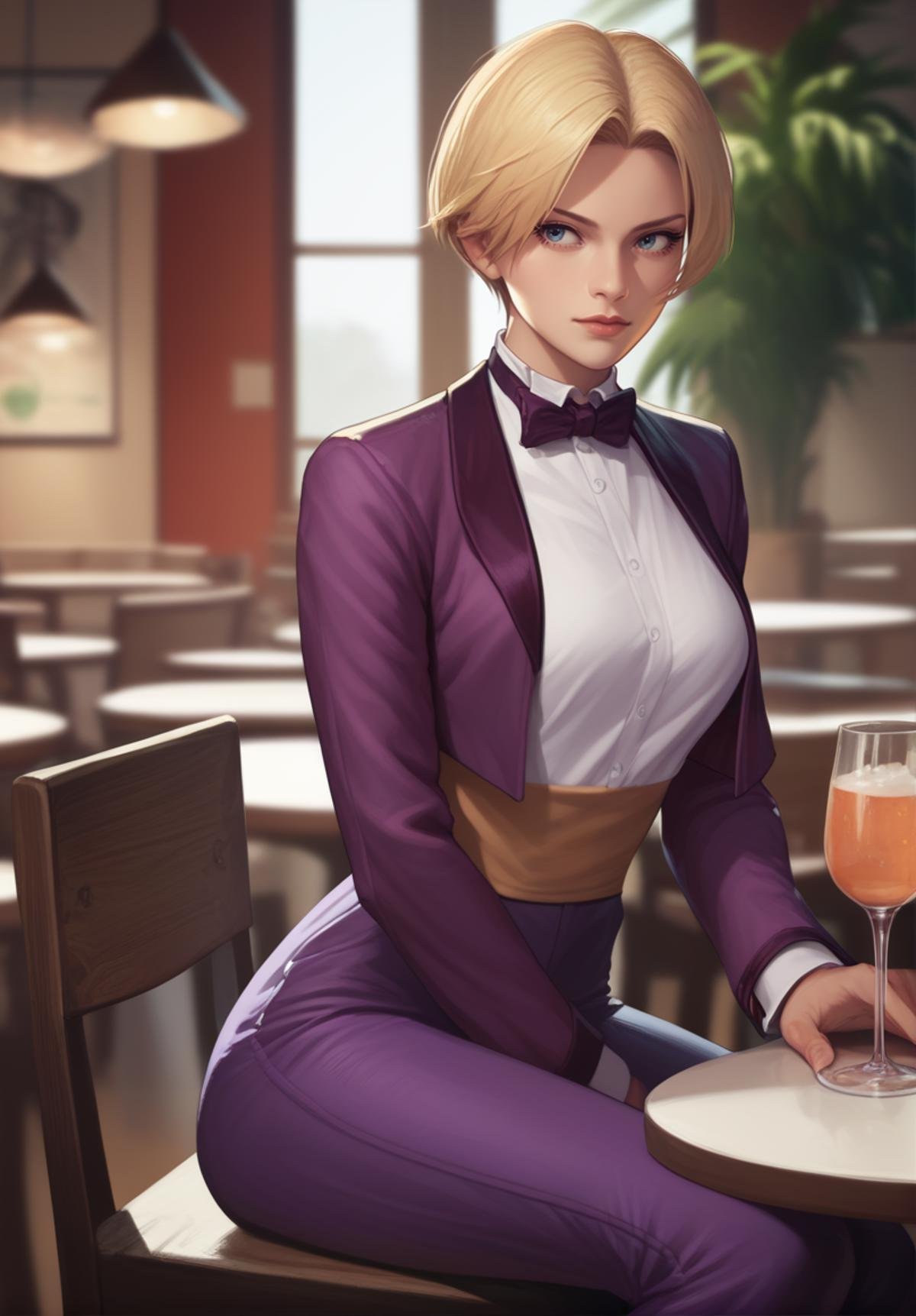 realistic, score_9, score_8_up, score_7_up, score_6_up, score_5_up, score_4_up, <lora:King2000_t3-000013-128:1.0> 1girl, KOFKing, short blonde hair, large breasts, bowtie, purple cropped jacket, purple pants, sitting,, restaurant, indoors