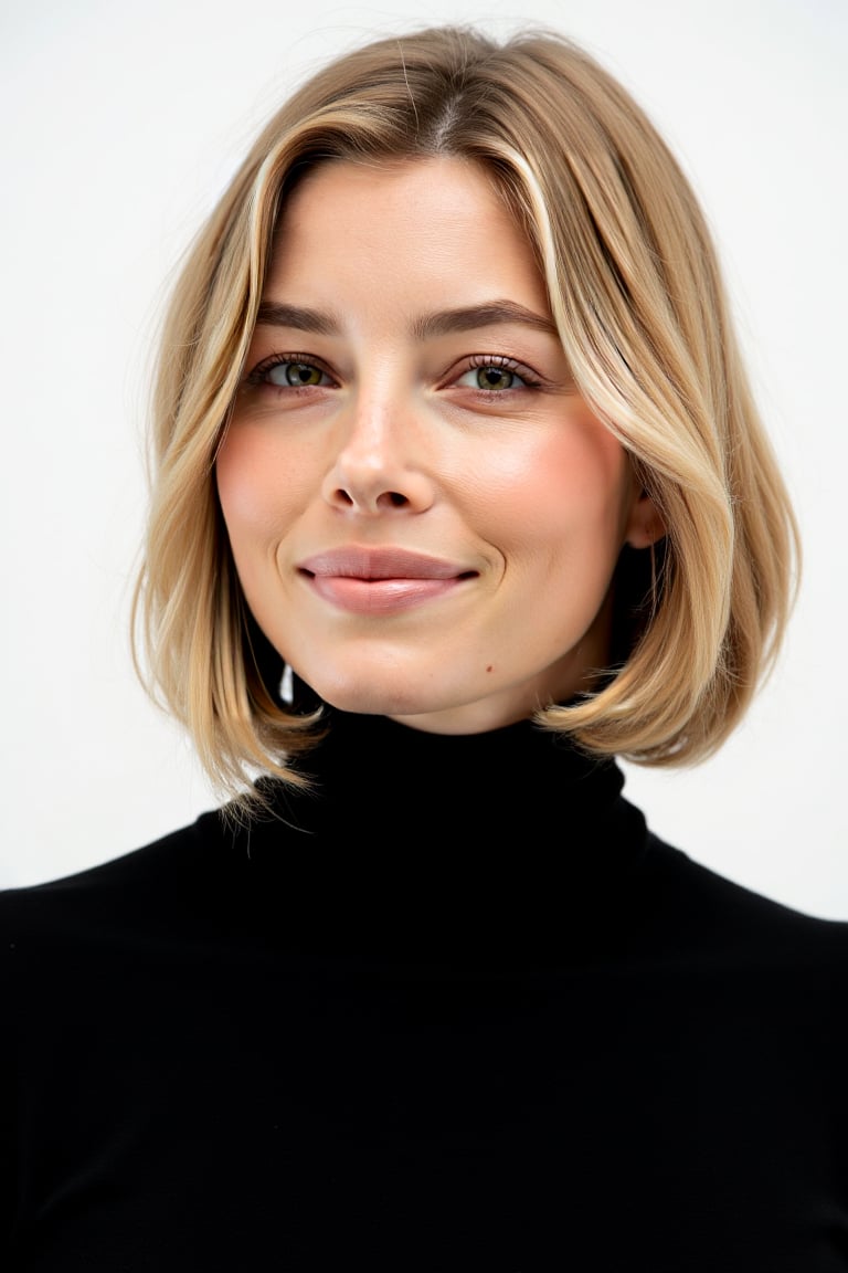 woJ3ssB13l  with bob cut hair with blonde highlights. White background, perfect illumination, her eyes are gorgeous, She has a slight smile on her face while looking at the camera. She is wearing a black turtleneck sweater that gives a nice constrast with her skin and background color