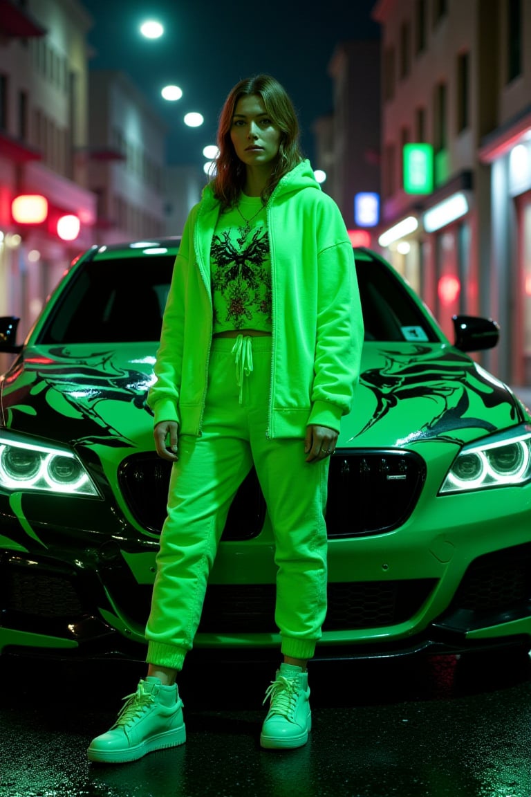 16k photograph. woJ3ssB13l dressed entirely in light green. In front of a custom car adorned with a menacing black and green design. The background showcases a dimly lit urban cityscape with neon lights reflecting off the wet streets, casting a cool and edgy atmosphere. Her clothes epitomizes elements of street culture and fantasy in a visually stunning composition.