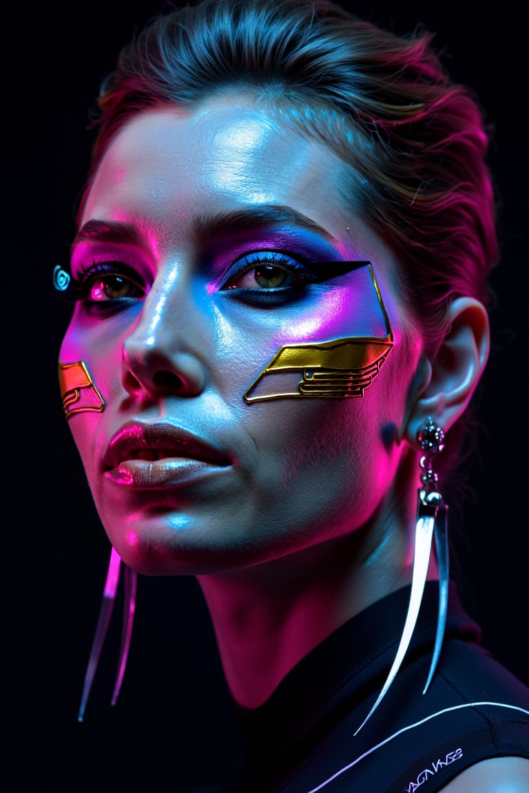 A bold and futuristic close-up portrait of woJ3ssB13l with a commanding presence, with geometric lines of black eyeliner. Her makeup is a daring combination of electric blue and neon pink, with sleek, circuit-like golden patterns tracing across her forehead and down the sides of her face, giving her an advanced, almost robotic appearance. Her earrings are striking, with long, sleek silver strands that shimmer with a digital glow, complementing the high-tech theme. The background is a deep, rich black, subtly illuminated by neon blue and pink streeks, which highlight her features and create a dramatic constrast with her luminous makeup. In the bottom right corner, a bold, digital signature in bright chrome adds an ultra-modern touch, making this portrait a true representation of futuristic elegance.