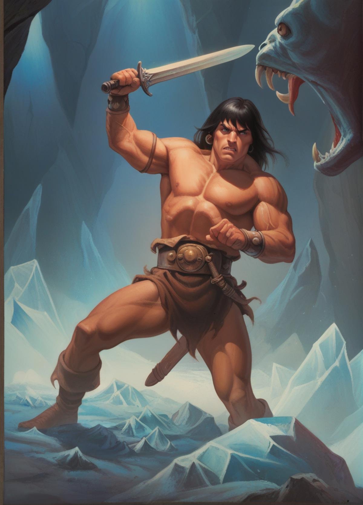 score_9, score_8_up, score_7_up, score_6_up, score_5_up, score_4_up, realistic, photoshop \(medium\), <lora:RedSonja_t2-000013-128:1.0> 1boy, Conan, holding one sword, fighting a monster, ice cave, medieval