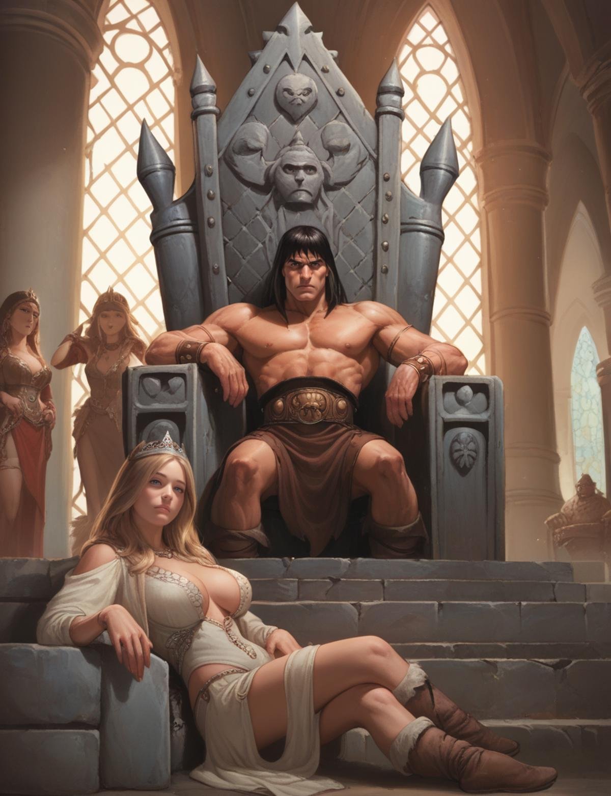 score_9, score_8_up, score_7_up, score_6_up, score_5_up, score_4_up, source_anime, realistic, photoshop \(medium\), <lora:RedSonja_t2-000013-128:1.0> 1boy, Conan,sitting on throne,3girls, large breasts, princess, throne room, medieval, indoors