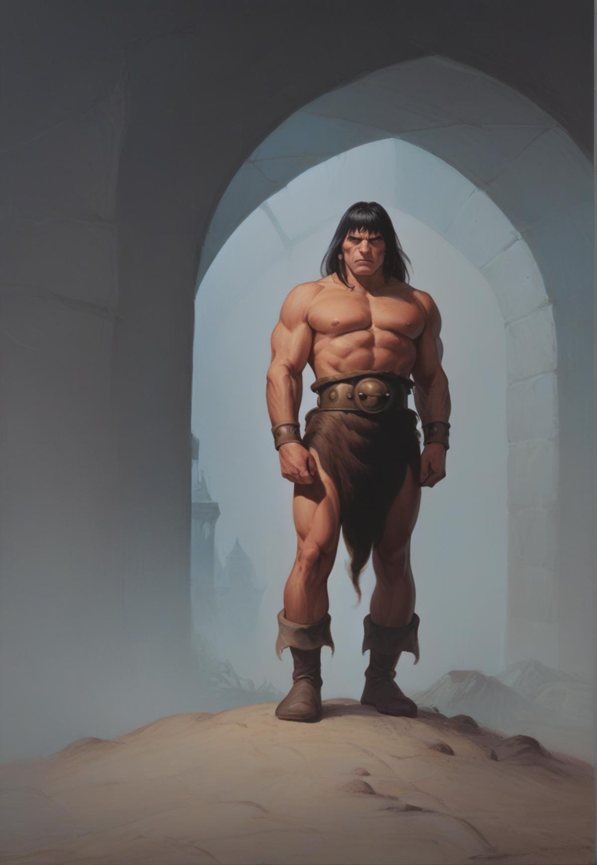 score_9, score_8_up, score_7_up, score_6_up, score_5_up, score_4_up, realistic, photoshop \(medium\), <lora:RedSonja_t2-000013-128:1.0> 1boy, Conan,standing on hill,1girl, princess lying down, dark environment, moody lighting