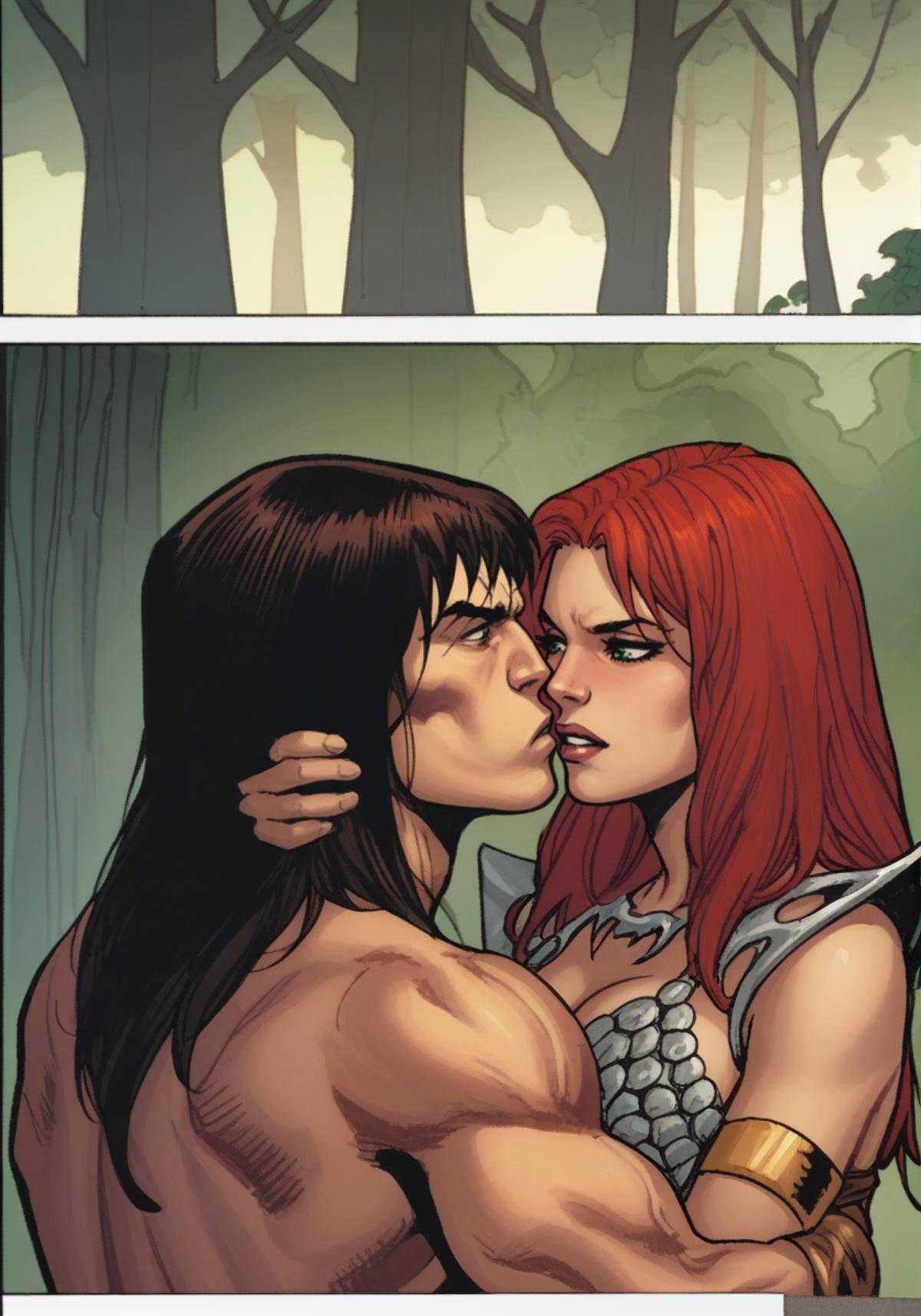 score_9, score_8_up, score_7_up, score_6_up, score_5_up, score_4_up, comic, photoshop \(medium\), <lora:RedSonja_t2-000013-128:1.0> 1girl, RedSonja, green eyes, redhead, large breasts,1boy, Conan, kissing, hugging, forest