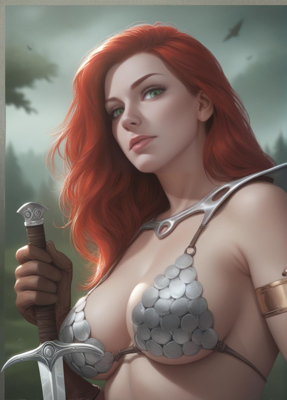 score_9, score_8_up, score_7_up, score_6_up, score_5_up, score_4_up, realistic, photoshop \(medium\), <lora:RedSonja_t2-000013-128:1.0> 1girl, RedSonja, redhead, green eyes, large breasts, bikini armor, holding one sword, medieval, outdoors, hills, trees, darkness, at night, dark environment, 