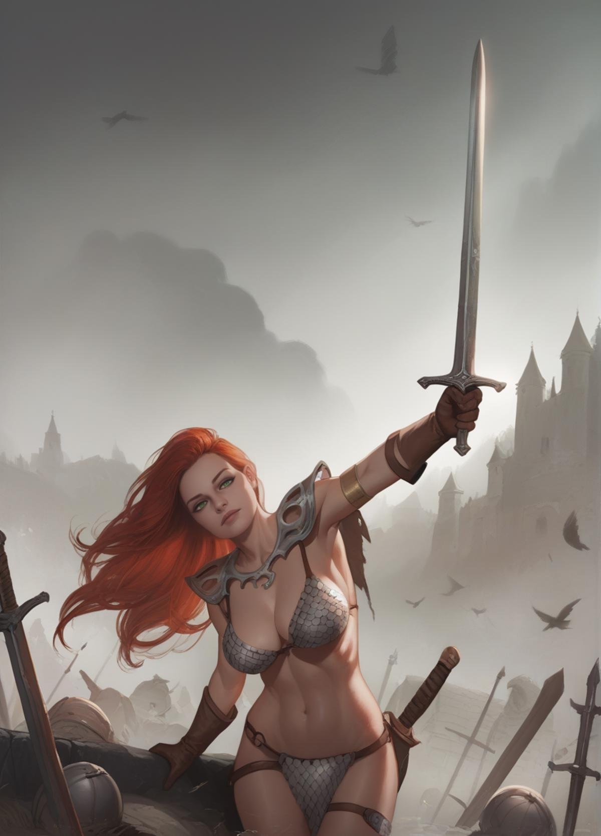 score_9, score_8_up, score_7_up, score_6_up, score_5_up, score_4_up, realistic, photoshop \(medium\), <lora:RedSonja_t2-000013-128:1.0> 1girl, RedSonja, redhead, green eyes, large breasts, holding one sword, medieval, battlefield, outdoors, darkness, at night, dark environment