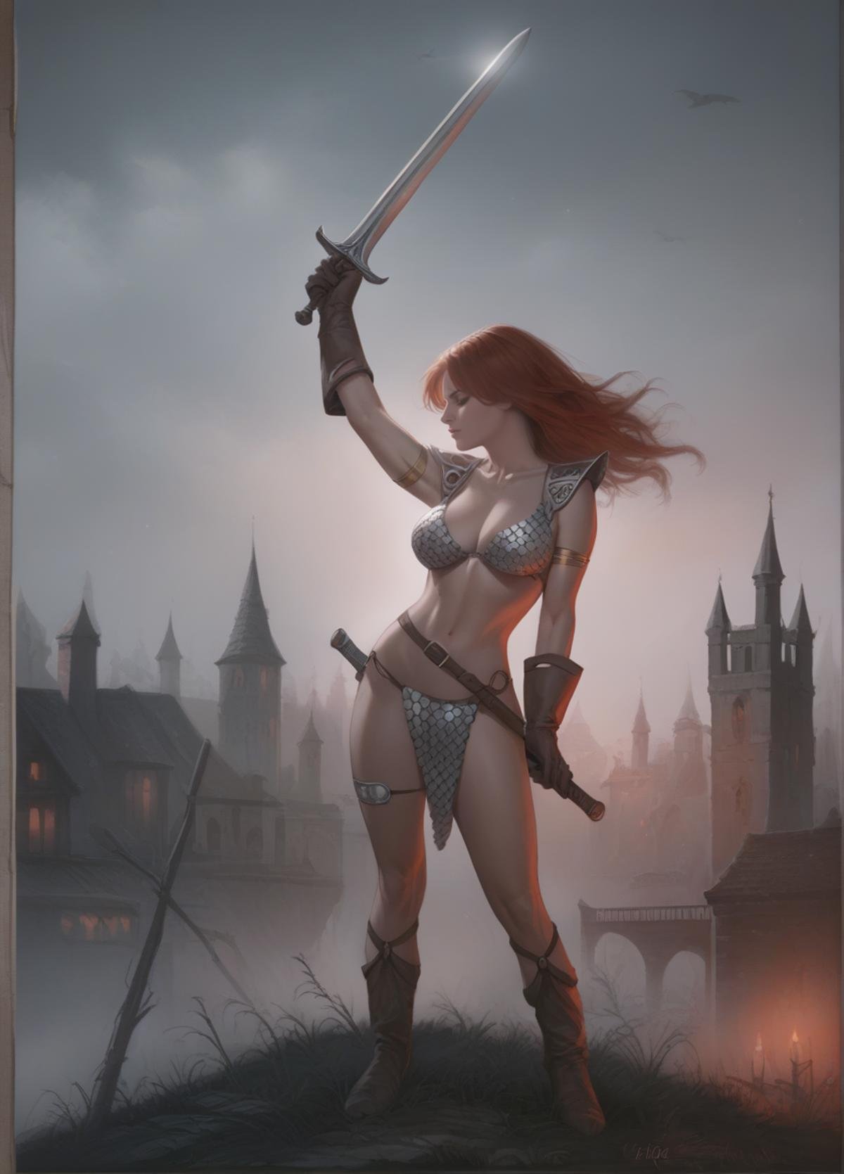 score_9, score_8_up, score_7_up, score_6_up, score_5_up, score_4_up, source_anime, realistic, photoshop \(medium\), <lora:RedSonja_t2-000013-128:1.0> 1girl, RedSonja, large breasts, (holding sword:1.015), outdoors, darkness, at night, dark environment, medieval