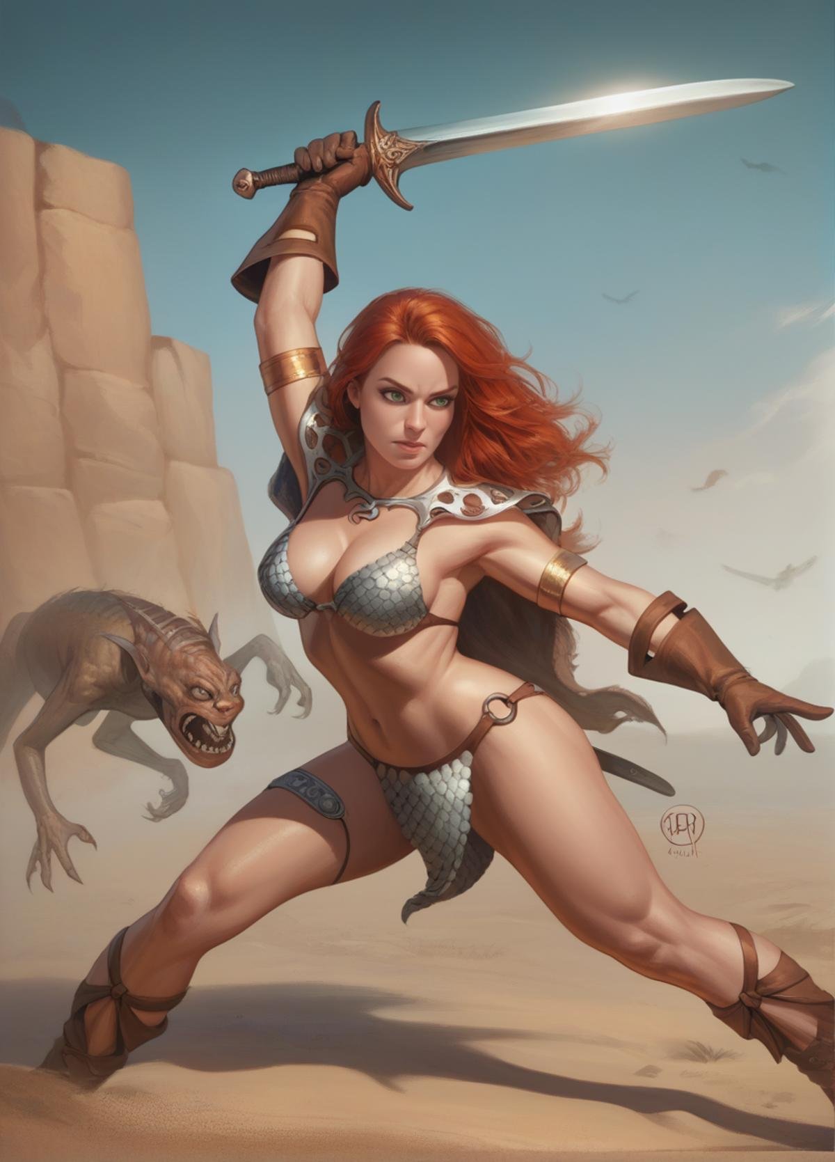 score_9, score_8_up, score_7_up, score_6_up, score_5_up, score_4_up, realistic, photoshop \(medium\), <lora:RedSonja_t2-000013-128:1.0> 1girl, redsonja, green eyes, redhead, large breasts, holding one sword, fighting a monster, desert, medieval