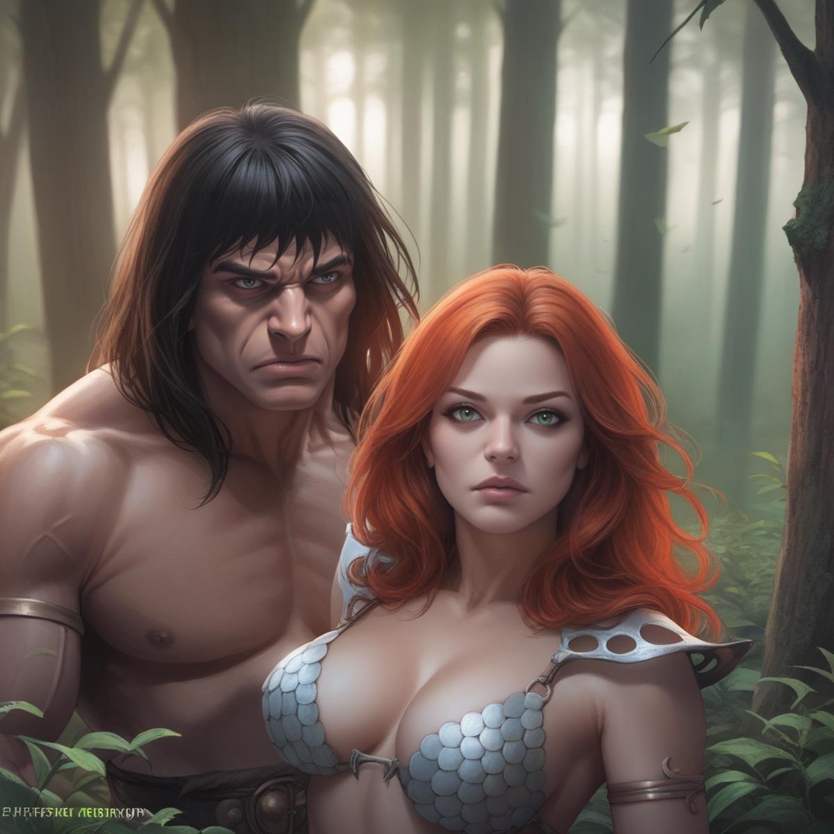 score_9, score_8_up, score_7_up, score_6_up, score_5_up, score_4_up, realistic, photoshop \(medium\), <lora:RedSonja_t2-000013-128:1.0> 1girl, RedSonja, green eyes, redhead, large breasts,1boy, Conan,, forest