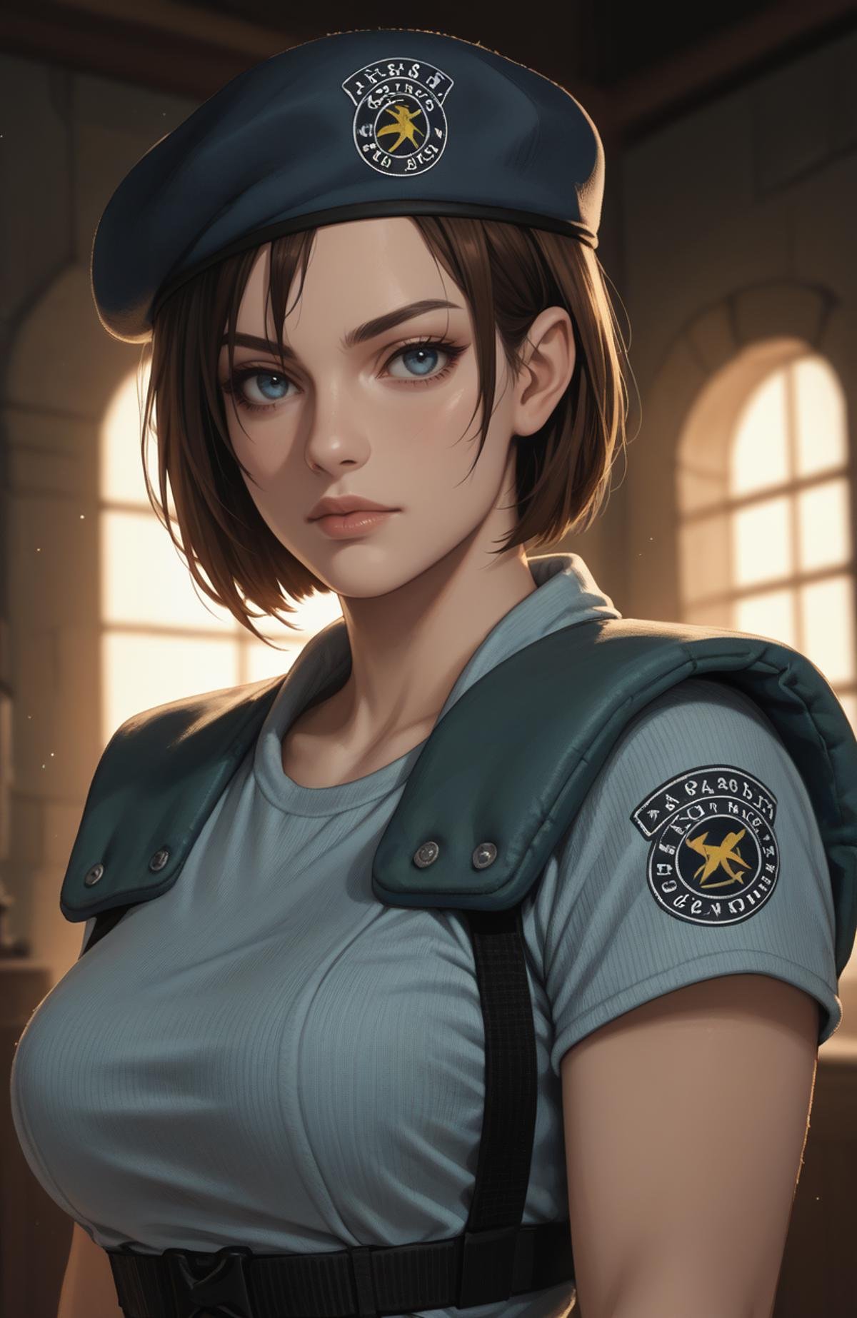 score_9, score_8_up, score_7_up, score_6_up, score_5_up, score_4_up, photoshop \(medium\), <lora:REJill_t1-000022-128:1.0> RE1Jill, blue eyes, brown bob cut, beret, breasts, fingerless gloves, dark environment, mansion, indoors, moody lighting