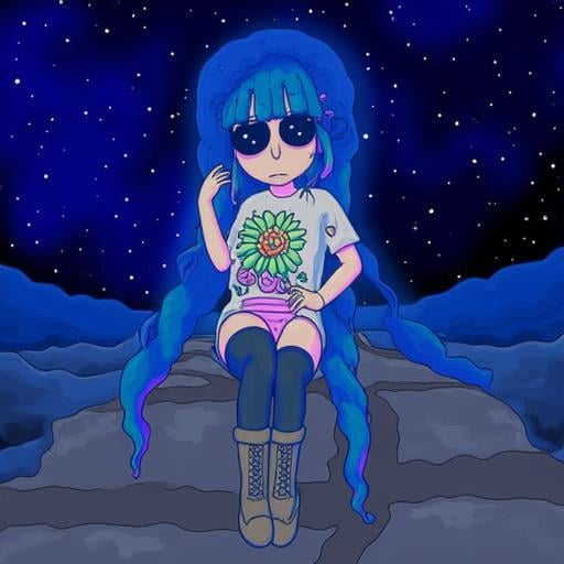 holding, blue hair, boots, starry sky, black eyes, sitting, print shirt, standing