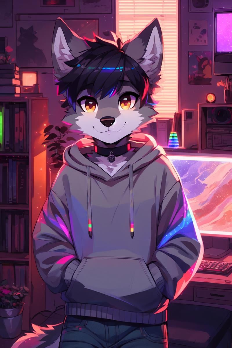 (hi res), ((masterpiece)), ((best quality)), illustration, furry, wolf, animal ears, body fur, 1boy, solo, black hair, *//*, brown eye, *//*, looking at viewer, smile, wolf boy, (((androgynous))), young adult, room and city, (((night, RGB lights, warm colors, lofi))), ((room with computers)), screen lights, toned body, choker, chill pose, hoodie and jeans, tomboy clothes, femboy clothes, lofi 8bits, furry anthropomorphic wolf, furry wolf nose, ((light-grey fur)), FurryDalle