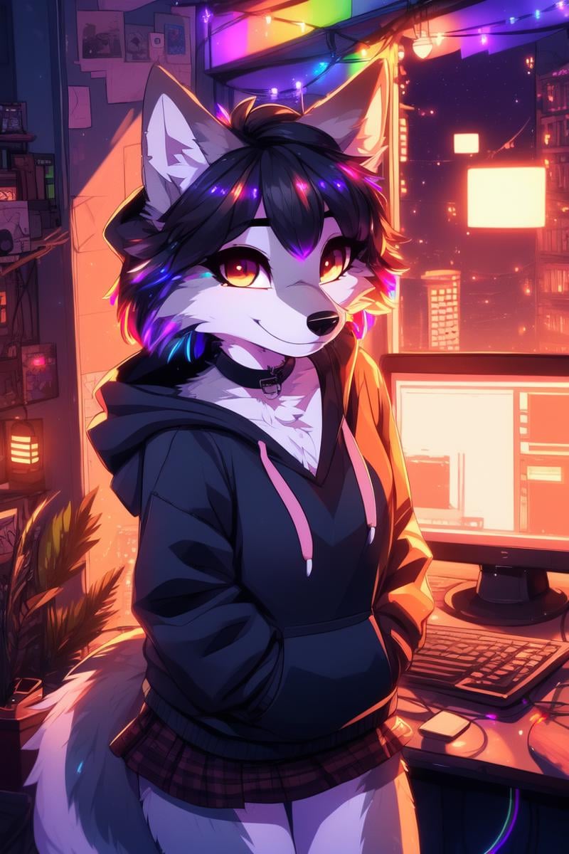 (hi res), ((masterpiece)), ((best quality)), illustration, furry, wolf, animal ears, body fur, 1girl, solo, black hair, *//*, brown eye, *//*, looking at viewer, smile, wolf girl, (((female))), young adult, room and city, (((night, RGB lights, warm colors, lofi))), ((room with computers)), screen lights, toned body, choker,  hoodie and miniskirt, tomboy clothes, female clothes, lofi 8bits, furry anthropomorphic wolf, furry wolf nose, ((light-grey fur)), FurryDalle