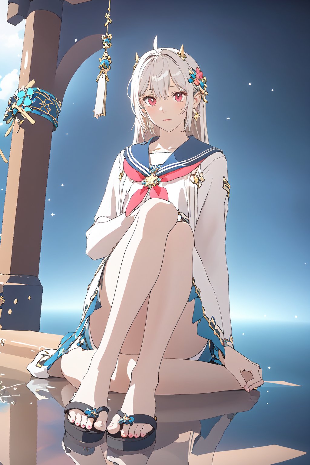 Amamiyasora,1girl, Gray Hair, Long Tied Hairstyle, Oni Mask on Hair, Red Eyes, Sailor Student Uniform, White Blue Haori Cloth , Black Short Skirt , Full leg white leg stocking, black geta sandal, lie down on the ground ,full view of body, beach side, near sea , resort in tropical island, ((Best quality)), ((masterpiece)), 3D, HDR (High Dynamic Range),Ray Tracing, NVIDIA RTX, Super-Resolution, Unreal 5,Subsurface scattering, PBR Texturing, Post-processing, Anisotropic Filtering, Depth-of-field, Maximum clarity and sharpness, Multi-layered textures, Albedo and Specular maps, Surface shading, Accurate simulation of light-material interaction, Perfect proportions, Octane Render, Two-tone lighting, Wide aperture, Low ISO, White balance, Rule of thirds,8K RAW, Aura, masterpiece, best quality, Mysterious expression, magical effects like sparkles or energy, flowing robes or enchanting attire, mechanic creatures or mystical background, rim lighting, side lighting, cinematic light, ultra high res, 8k uhd, film grain, best shadow, delicate, RAW, light particles, detailed skin texture, detailed cloth texture, beautiful face, (masterpiece), best quality, expressive eyes, perfect face,Meilin,Seo Jiwoo,firefly \(honkai: star rail\)