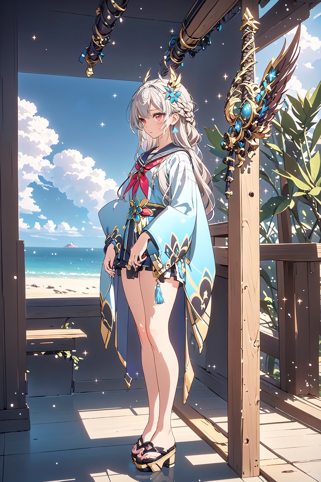 Amamiyasora,1girl, Gray Hair, Long Tied Hairstyle, Oni Mask on Hair, Red Eyes, Sailor Student Uniform, White Blue Haori Cloth , Black Short Skirt ,Long Katana , Full leg white leg stocking, black geta sandal, full view of body, beach side, near sea , resort in tropical island, ((Best quality)), ((masterpiece)), 3D, HDR (High Dynamic Range),Ray Tracing, NVIDIA RTX, Super-Resolution, Unreal 5,Subsurface scattering, PBR Texturing, Post-processing, Anisotropic Filtering, Depth-of-field, Maximum clarity and sharpness, Multi-layered textures, Albedo and Specular maps, Surface shading, Accurate simulation of light-material interaction, Perfect proportions, Octane Render, Two-tone lighting, Wide aperture, Low ISO, White balance, Rule of thirds,8K RAW, Aura, masterpiece, best quality, Mysterious expression, magical effects like sparkles or energy, flowing robes or enchanting attire, mechanic creatures or mystical background, rim lighting, side lighting, cinematic light, ultra high res, 8k uhd, film grain, best shadow, delicate, RAW, light particles, detailed skin texture, detailed cloth texture, beautiful face, (masterpiece), best quality, expressive eyes, perfect face,Meilin,Seo Jiwoo,firefly \(honkai: star rail\)