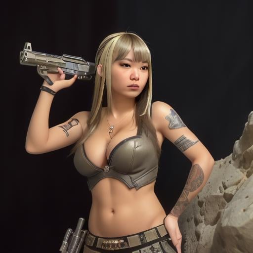 a stunning oriental female space pirate, wearing silver earrings, necklaces, patched power armor with scuffs and dents, cleavage, flowing two-tone hair, blonde with red highlights, bangs, defiant, seductive, tattoos, jewelled navel piercing, holding an assault rifle, finger on the trigger, taking cover behind a rock during a battle on a rocky planet, on one knee, aiming weapon. Perfect Composition, realistic photographic image, RAW photo highest quality, viewed from the side