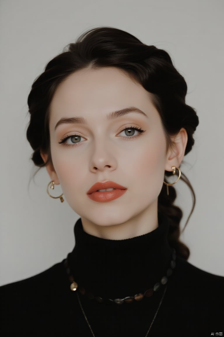 a woman wearing a black turtle neck top, a portrait, instagram, small necklace, very beautiful young woman, h 7 6 8, february), ( ivory black ), gongbi