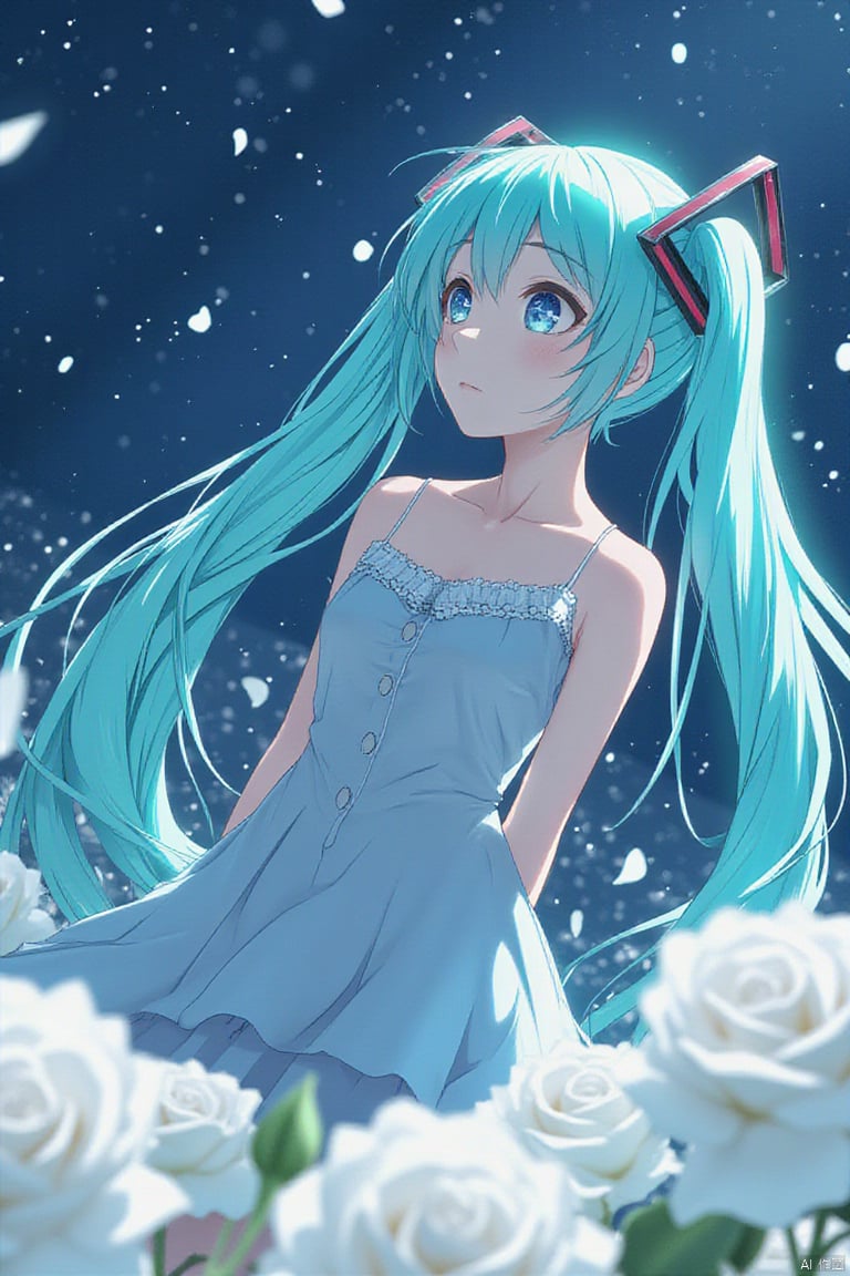 breathtaking face focus, masterpiece, best quality, 1girl, hatsune miku, white roses, petals, night background, fireflies, light particle, solo, aqua hair with twin tails, aqua eyes, standing, pixiv, depth of field, cinematic composition, best lighting, looking up . award-winning, professional, highly detailed