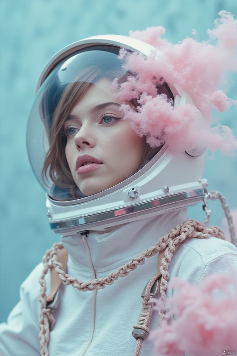 A double exposure photo of a woman astronaut with many pink plum blossoms smoke on her head and shoulders against a light blue floral background. Strange and weird, Double exposure, dark moody atmsophere, The photograph uses double exposure photography with pastel colors and soft lighting with a strong contrast between shadows and highlights. Astronaut helmet. Aestheticized violence, The natural scenery depicts a graceful posture and graceful body movements in the style of in.