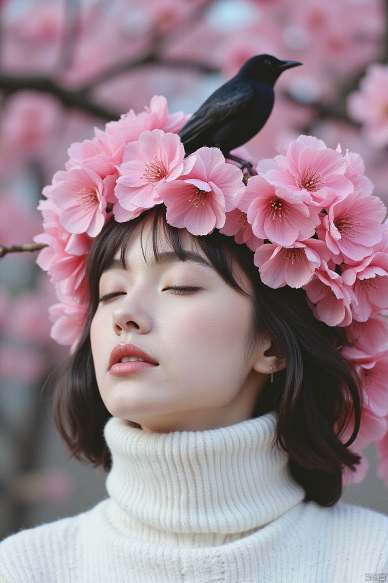 album_cover, 
huge future-style text "FlUX" displayed, excellent word design, 
Tranquility in Blossom
The image features a woman adorned with a crown of vivid pink cherry blossoms, among which perches a black bird. The subject is captured in a serene pose, her eyes closed, exhibiting a tranquil and contemplative expression. She is wearing a thick, white turtleneck sweater, enhancing the soft, gentle aesthetic of the scene. The color palette is muted, with the pink of the flowers providing a gentle contrast against the monochromatic tones of the bird and the woman's hair and sweater. The overall effect is one of harmony and peaceful coexistence between human and nature, underscored by the delicate interplay of natural elements and the genteel appearance of the subject.