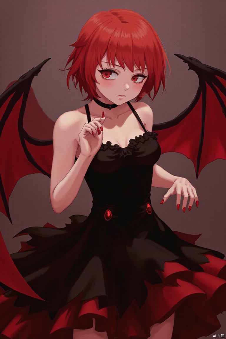 1girl, girl demon, red hair, red eyes, wings, claws, black dress, beautiful_face