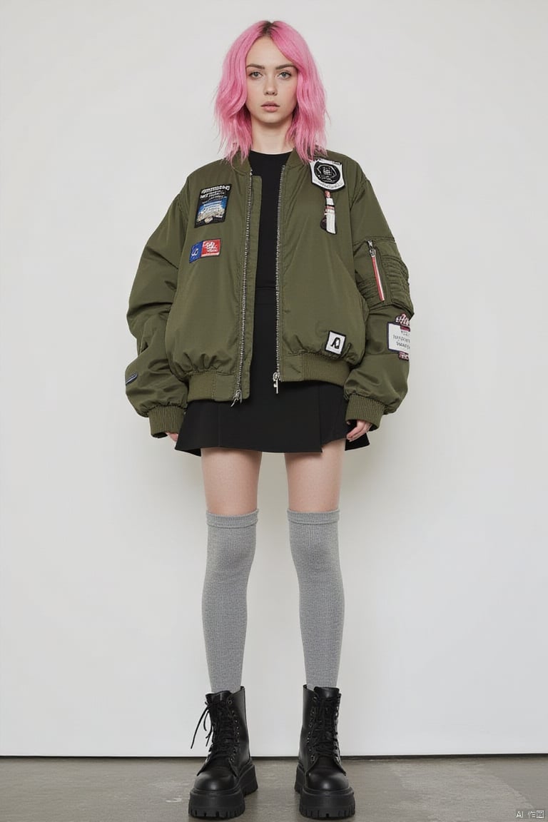 The image features a young woman standing against a plain,light background which helps to highlight her attire and pose. She has striking pink hair styled in loose waves that frame her face,which bears a serious,contemplative expression. Her outfit consists of a bulky,olive green bomber jacket,a black skirt peeking beneath it,and long,light gray knee-high socks that transition into chunky black combat boots. Her jacket is adorned with various patches and zippers,adding a touch of rugged urban fashion to her look. The contrasting styles—feminine hair and makeup with more masculine and oversized outerwear—create an eye-catching juxtaposition. The soft color palette of her hair and the vivid green of her jacket stand out starkly against the monochrome environment.,