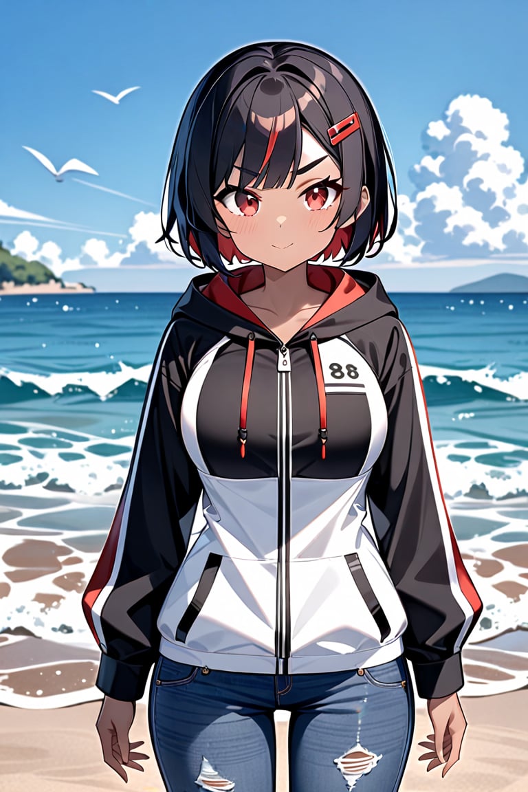 score_9, score_8_up, score_7_up, rating_safe, absurdres, masterpiece, source_anime, ((standing)), (((cowboy shot))), 
(((from front, front view, front focus))), (((seaside))), 
1girl, solo, KUON, short hair, (((black hair))), blue inner hair, tsurime,((red hair-clip)), red eyes, thick eyebrows, dark skin, large brests, summer parka, summer jeans