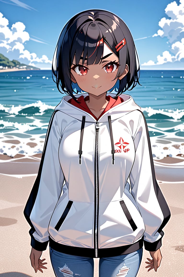 score_9, score_8_up, score_7_up, rating_safe, absurdres, masterpiece, source_anime, ((standing)), (((cowboy shot))), 
(((from front, front view, front focus))), (((seaside))), 
1girl, solo, KUON, short hair, (((black hair))), blue inner hair color, tsurime, ((red hairclip)), red eyes, thick eyebrows, dark skin, large brests, summer parka, summer jeans