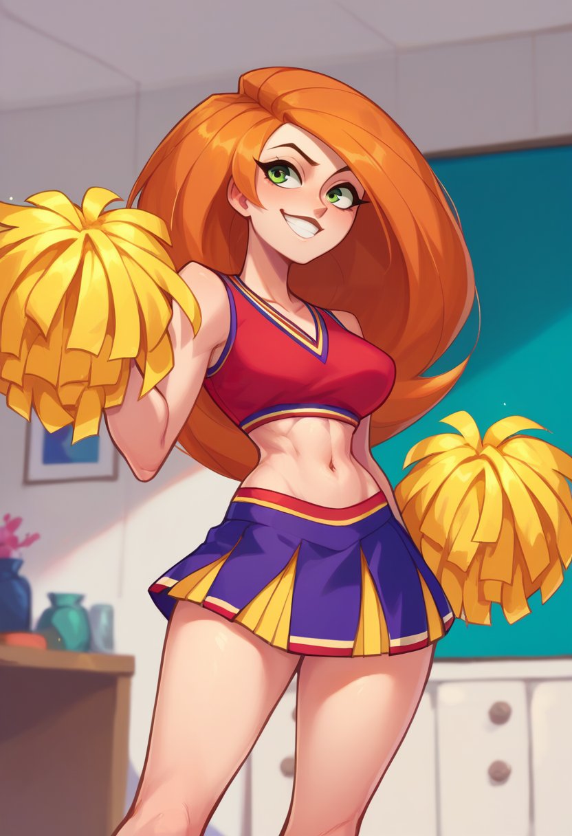 score_9,score_8_up,score_7_up,score_9,score_8_up,score_8,beautiful face,high resolution,lineart BREAK,kim possible,1girl,alone,long hair,skirt,belly button,green eyes,abdomen,orange hair,crop top,cheerleader,pom pom (cheerleader),room,room background,cowboy photo,smiling,sexy pose, 