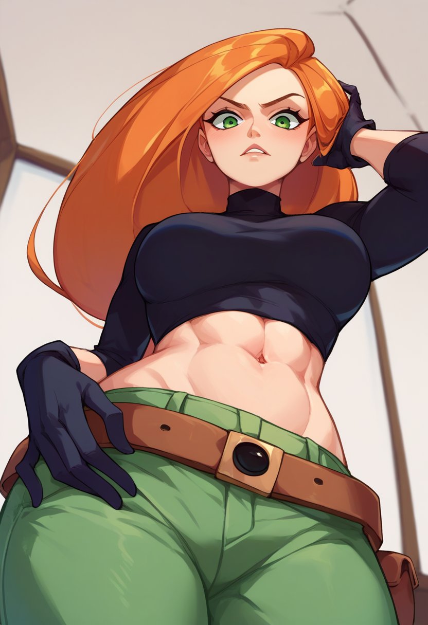 score_9,score_8_up,score_7_up,score_9,score_8_up,score_8,beautiful face,highres,lineart BREAK ,kim possible,1girl,solo,long hair,navel,green eyes,midriff,belt,green pants,orange hair,black crop top,turtleneck,black gloves,room,room background,cowboy shot,from below,score_9_up,source_anime,Cartoon anime