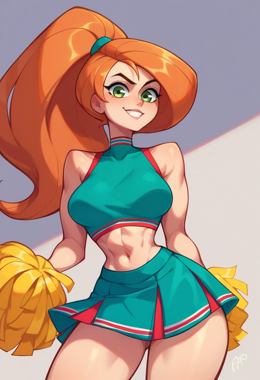 score_9,score_8_up,score_7_up,score_9,score_8_up,score_8,beautiful face,high resolution,lineart BREAK,kim possible,1girl,alone,long hair,skirt,belly button,green eyes,abdomen,orange hair,crop top,cheerleader,pom pom (cheerleader),room,room background,cowboy photo,smiling,sexy pose, 