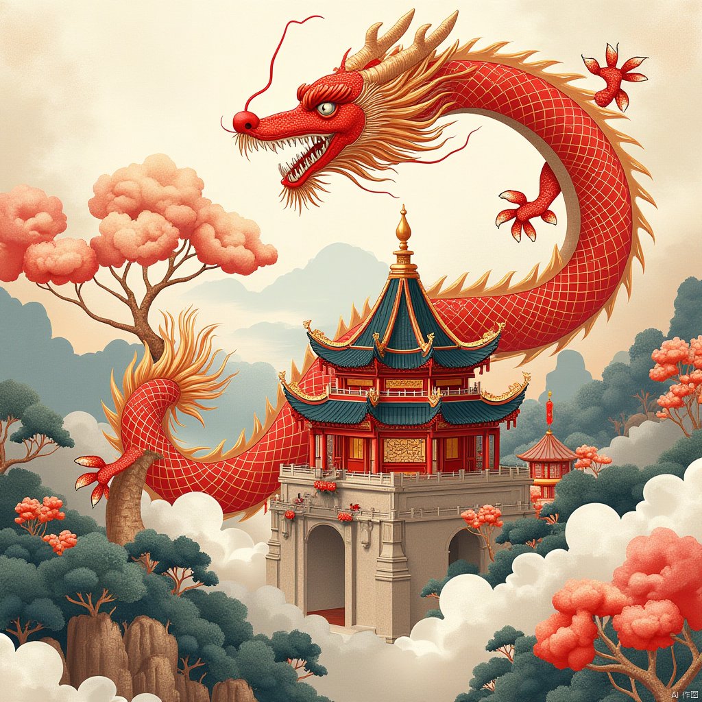 chineseilluscut,a painting of chinese building,a chinese dragon floating above