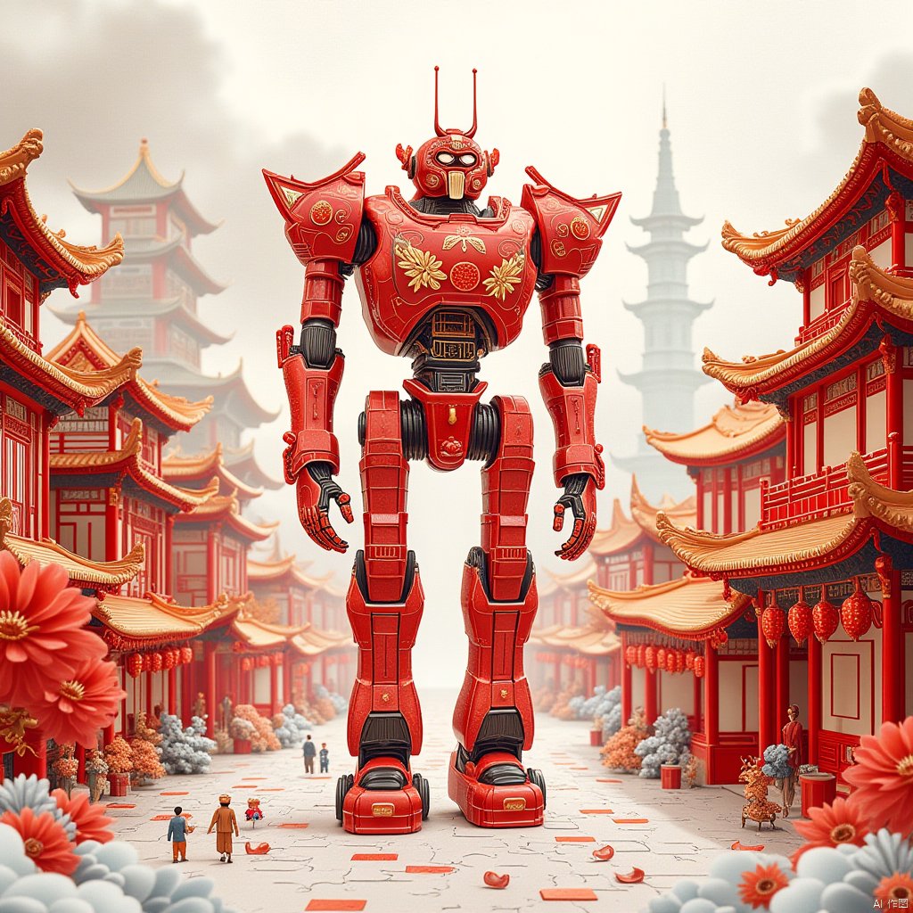 chineseilluscut,art of paper-cut,a giant robot walking on the street of the chinese city