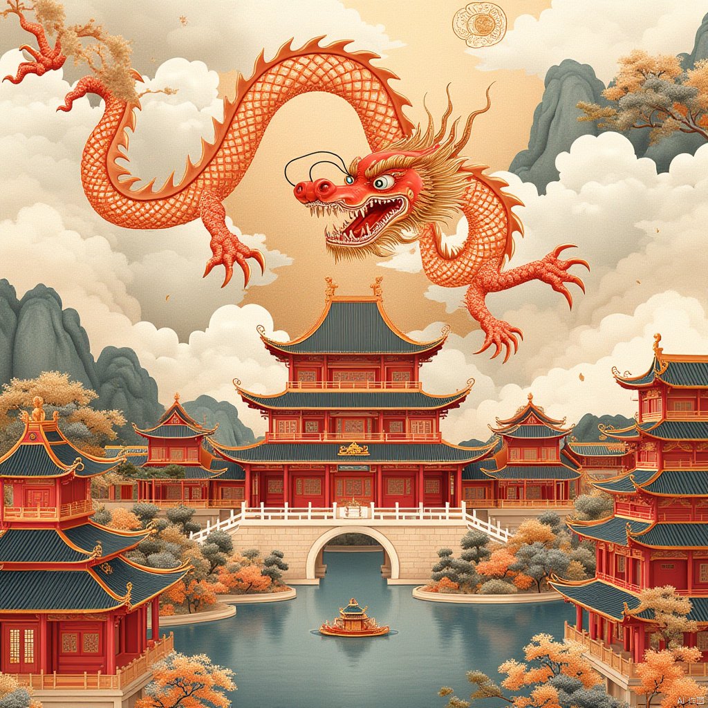 chineseilluscut,a painting of chinese building,a chinese dragon floating above