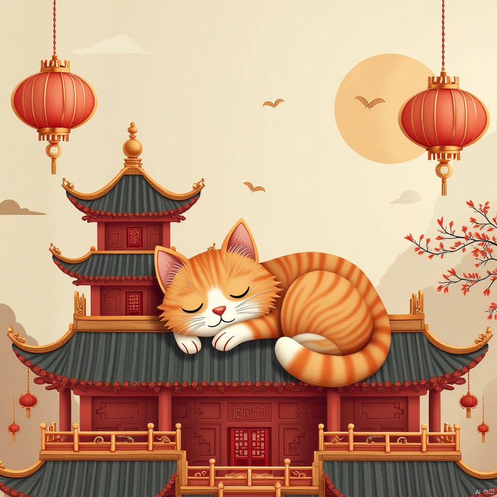 chineseilluscut,a cute cat sleeping on top of a china building