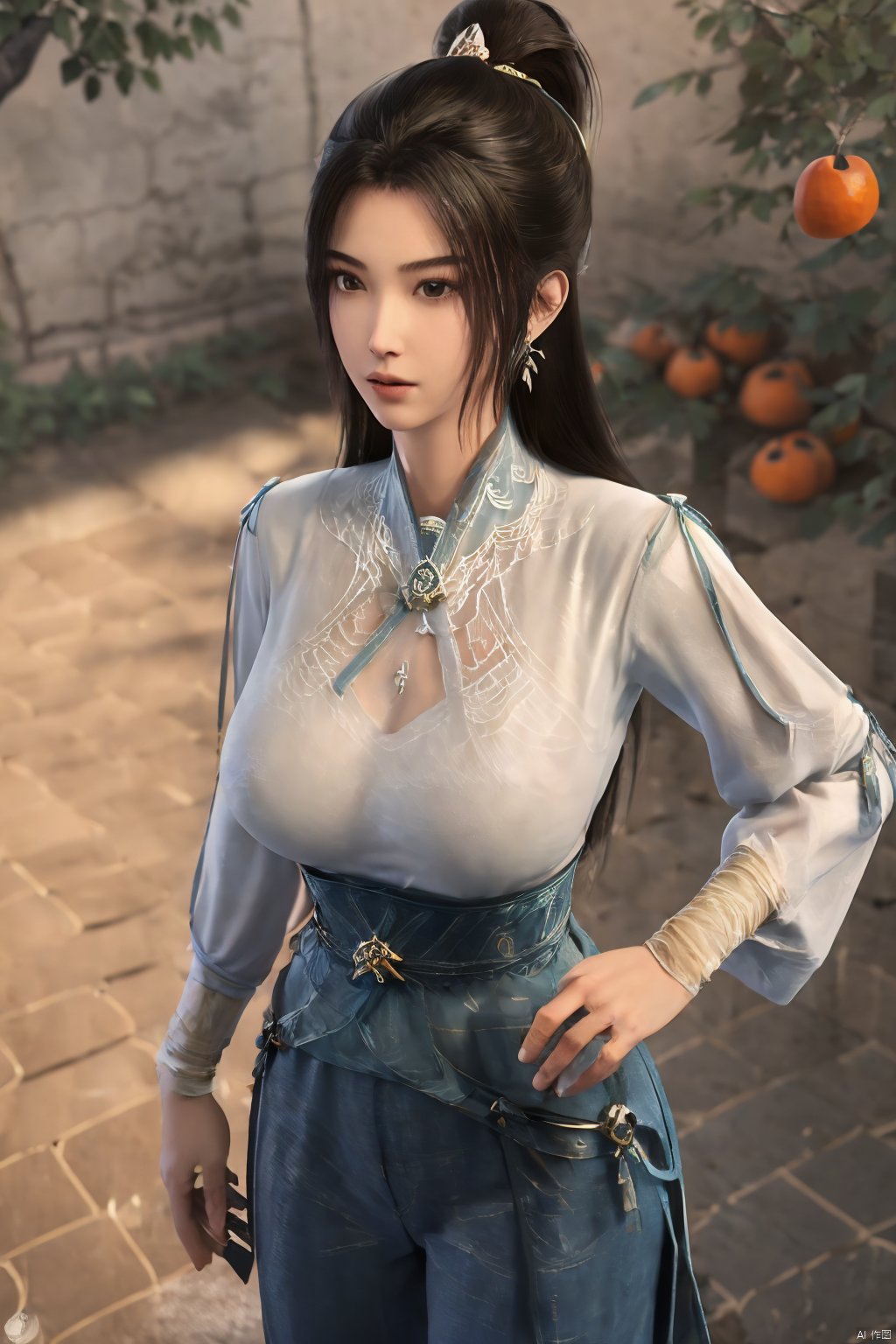 (masterpiece, best quality, highly detailed),1girl, jeans, long hair, , double bun, hair buns, long hair, , (big breasts:1.23),Xningyao,(Background of ancient Chinese tile-roofed courtyard and persimmon trees:1.29)