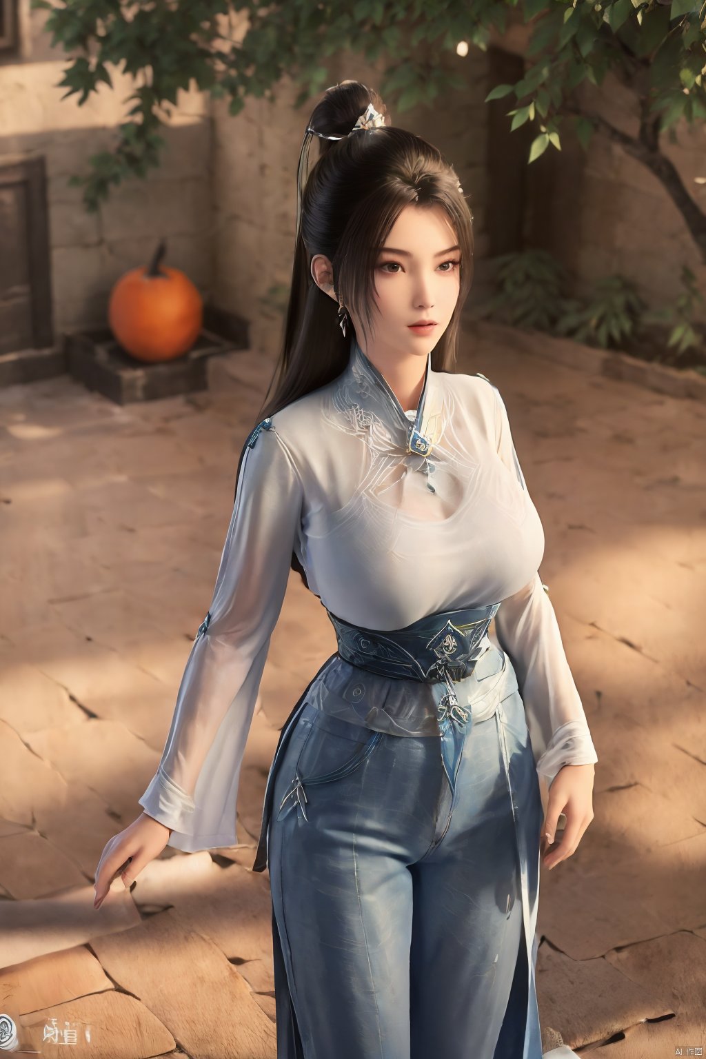 (masterpiece, best quality, highly detailed),1girl, jeans, long hair, , double bun, hair buns, long hair, , (big breasts:1.23),Xningyao,(Background of ancient Chinese tile-roofed courtyard and persimmon trees:1.29)