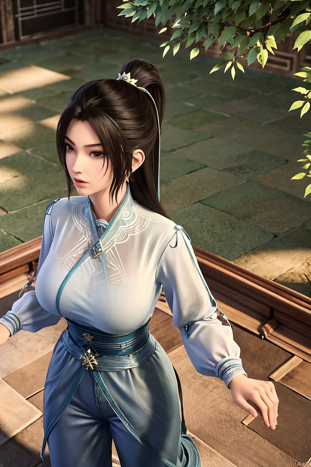 (masterpiece, best quality, highly detailed),1girl, jeans, long hair, , double bun, hair buns, long hair, , (big breasts:1.23),Xningyao,(Background of ancient Chinese tile-roofed courtyard and persimmon trees:1.29)