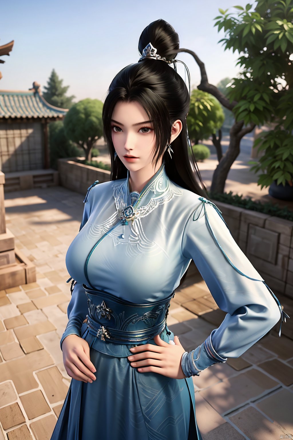 (masterpiece, best quality, highly detailed),1girl, jeans, long hair, , double bun, hair buns, long hair, , (big breasts:1.23),Xningyao,(Background of ancient Chinese tile-roofed courtyard and persimmon trees:1.29)