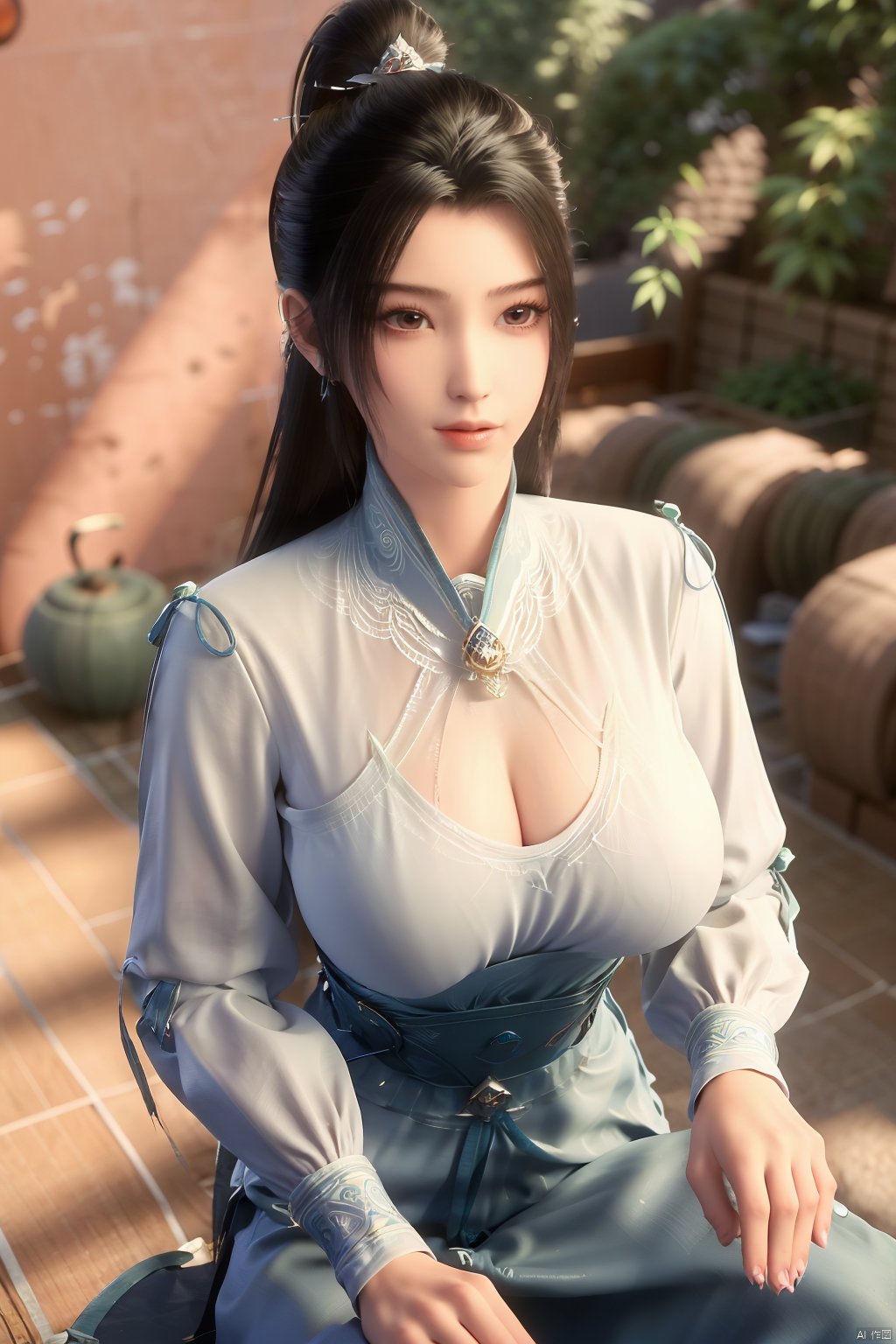 (masterpiece, best quality, highly detailed),1girl, jeans, long hair, , double bun, hair buns, long hair, , (big breasts:1.23),Xningyao,(Background of ancient Chinese tile-roofed courtyard and persimmon trees:1.29)