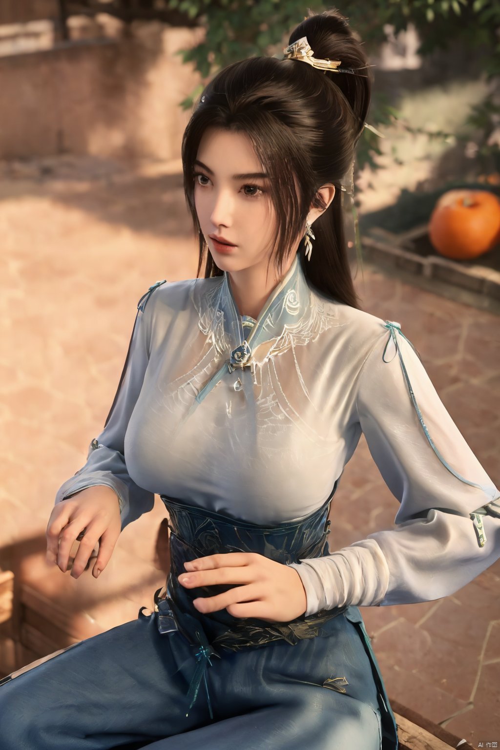 (masterpiece, best quality, highly detailed),1girl, jeans, long hair, , double bun, hair buns, long hair, , (big breasts:1.23),Xningyao,(Background of ancient Chinese tile-roofed courtyard and persimmon trees:1.29)