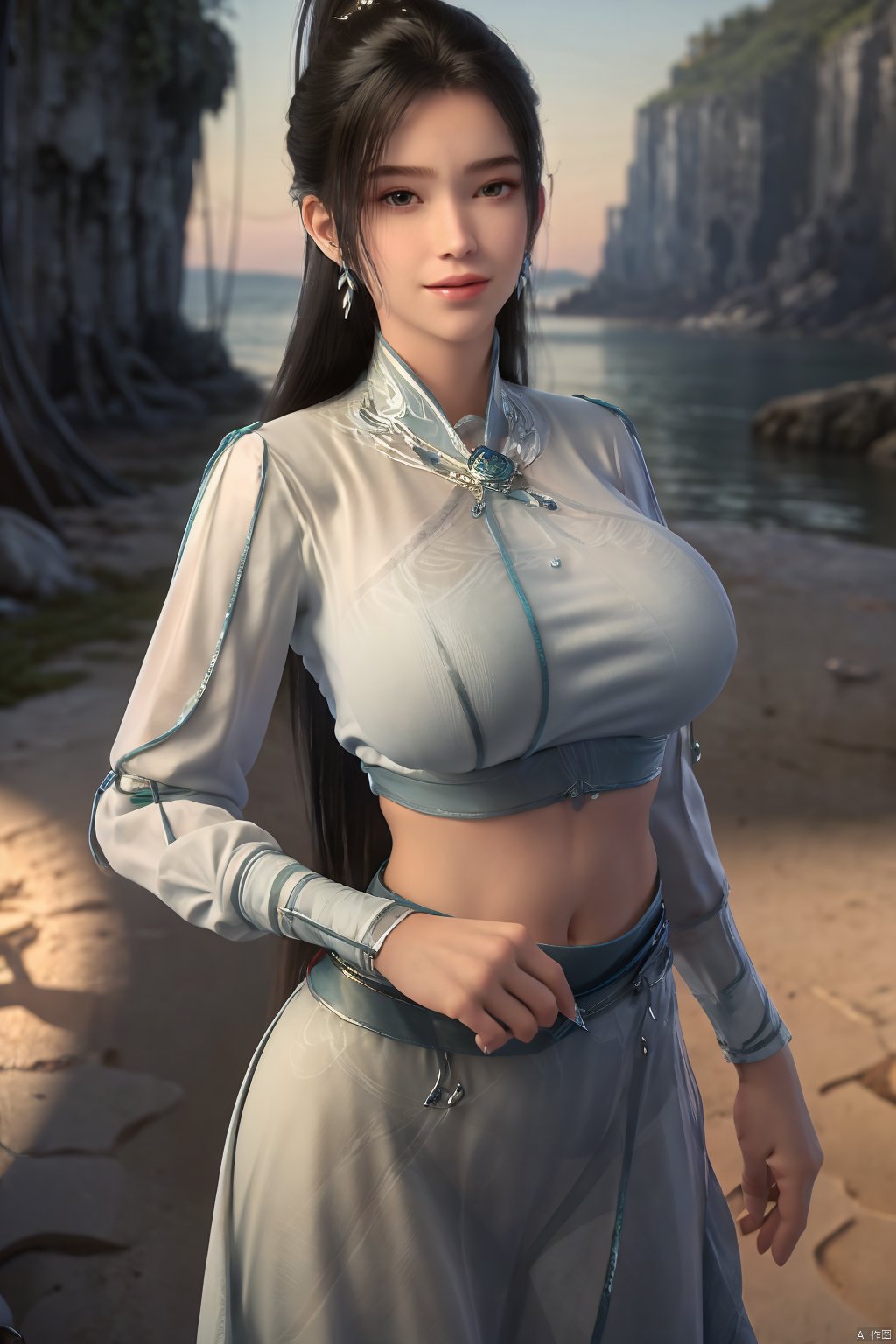 best quality, masterpiece, realistic,cowboy_shot,(Good structure), DSLR Quality,Depth of field,kind smile,looking_at_viewer,Dynamic pose, 1girl, solo, long hair, , looking at viewer, skirt, hair ornament, bare shoulders, jewelry, , earrings, outdoors, midriff, water, necklace, lips, crop top, ocean, white skirt, strapless vest, sunset, sun, ponytail,Xningyao, (big breasts:1.59),