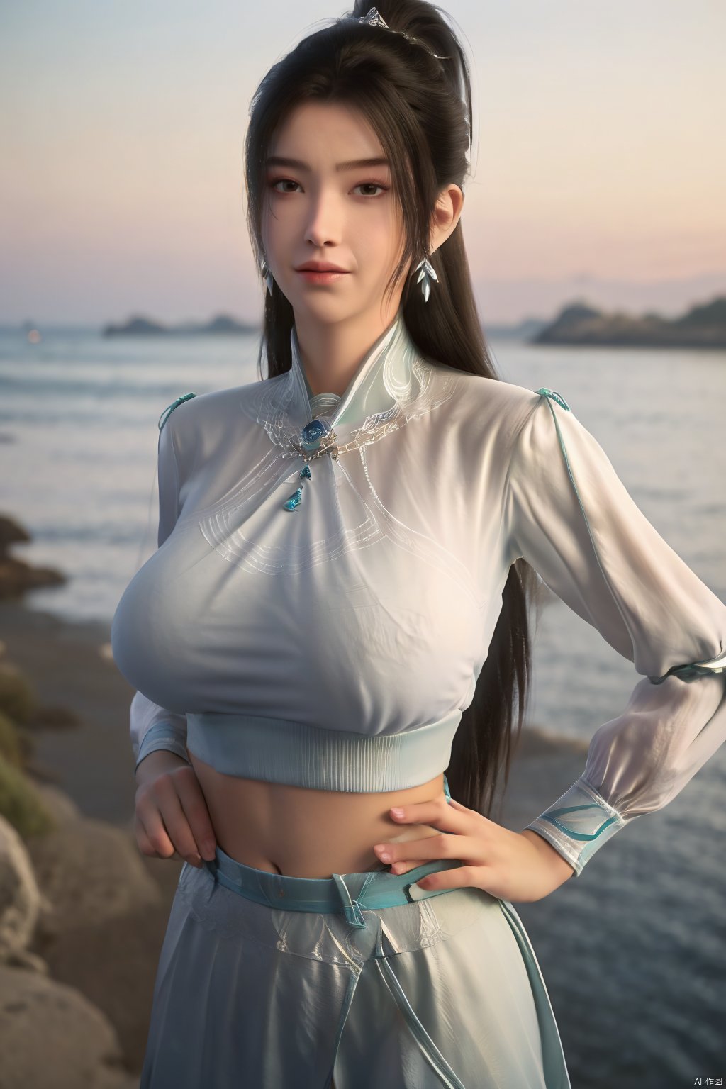 best quality, masterpiece, realistic,cowboy_shot,(Good structure), DSLR Quality,Depth of field,kind smile,looking_at_viewer,Dynamic pose, 1girl, solo, long hair, , looking at viewer, skirt, hair ornament, bare shoulders, jewelry, , earrings, outdoors, midriff, water, necklace, lips, crop top, ocean, white skirt, strapless vest, sunset, sun, ponytail,Xningyao, (big breasts:1.59),