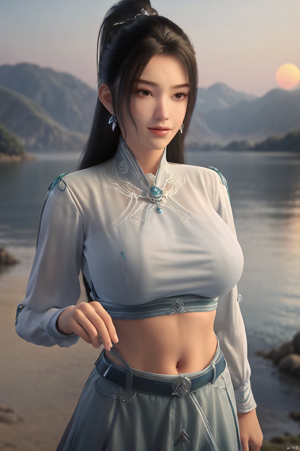 best quality, masterpiece, realistic,cowboy_shot,(Good structure), DSLR Quality,Depth of field,kind smile,looking_at_viewer,Dynamic pose, 1girl, solo, long hair, , looking at viewer, skirt, hair ornament, bare shoulders, jewelry, , earrings, outdoors, midriff, water, necklace, lips, crop top, ocean, white skirt, strapless vest, sunset, sun, ponytail,Xningyao, (big breasts:1.59),