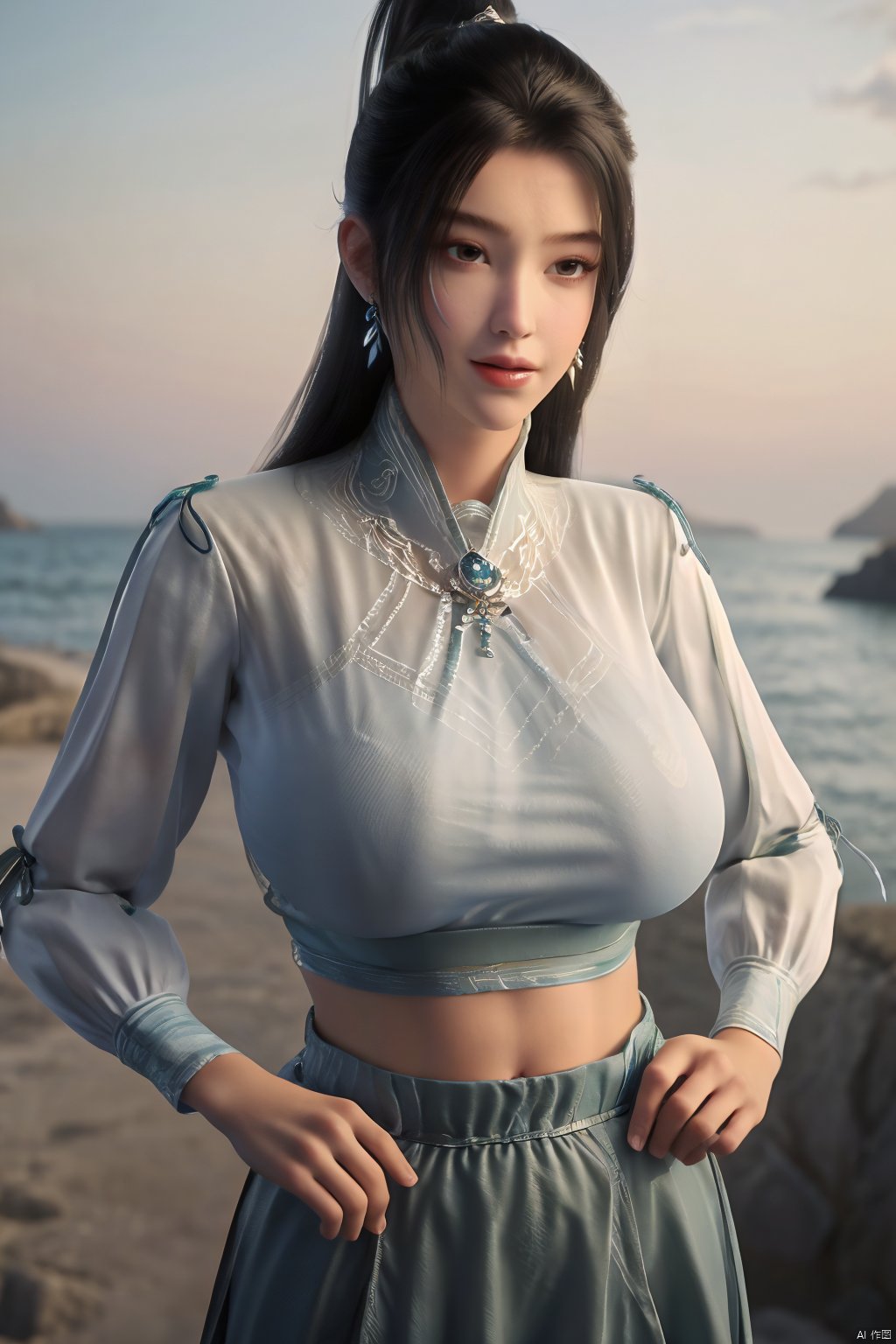 best quality, masterpiece, realistic,cowboy_shot,(Good structure), DSLR Quality,Depth of field,kind smile,looking_at_viewer,Dynamic pose, 1girl, solo, long hair, , looking at viewer, skirt, hair ornament, bare shoulders, jewelry, , earrings, outdoors, midriff, water, necklace, lips, crop top, ocean, white skirt, strapless vest, sunset, sun, ponytail,Xningyao, (big breasts:1.59),