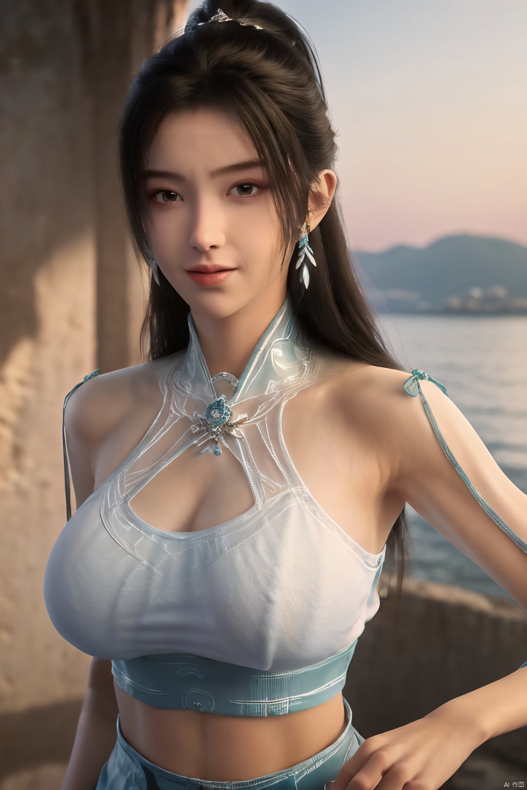 best quality, masterpiece, realistic,cowboy_shot,(Good structure), DSLR Quality,Depth of field,kind smile,looking_at_viewer,Dynamic pose, 1girl, solo, long hair, , looking at viewer, skirt, hair ornament, bare shoulders, jewelry, , earrings, outdoors, midriff, water, necklace, lips, crop top, ocean, white skirt, strapless vest, sunset, sun, ponytail,Xningyao, (big breasts:1.59),