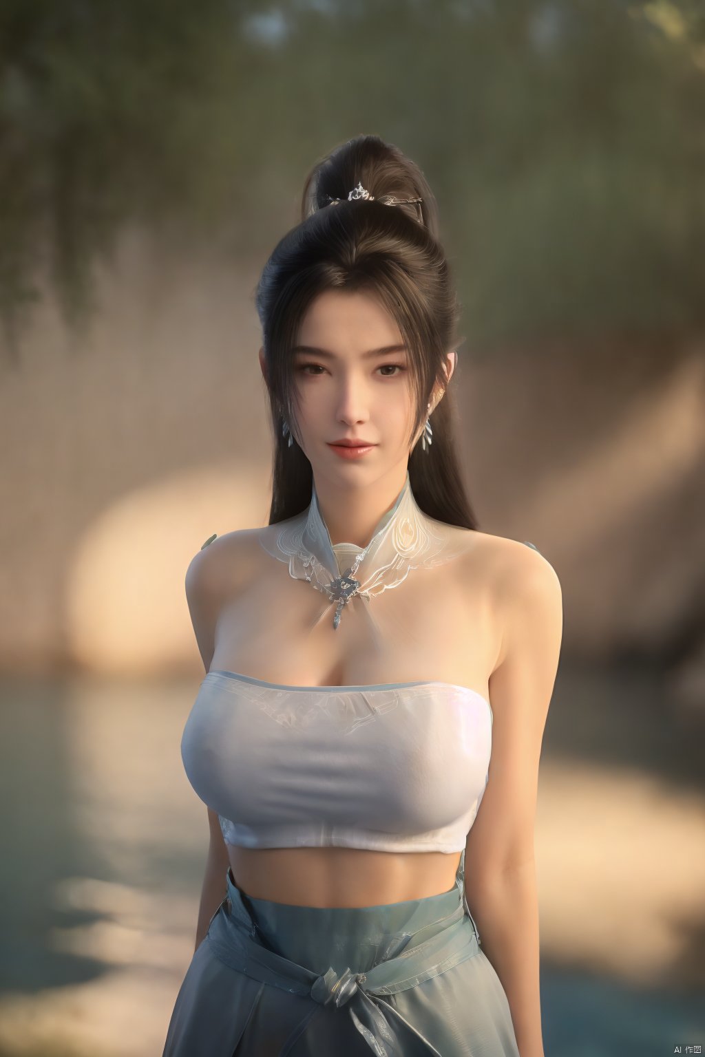 best quality, masterpiece, realistic,cowboy_shot,(Good structure), DSLR Quality,Depth of field,kind smile,looking_at_viewer,Dynamic pose, 1girl, solo, long hair, , looking at viewer, skirt, hair ornament, bare shoulders, jewelry, , earrings, outdoors, midriff, water, necklace, lips, crop top, ocean, white skirt, strapless vest, sunset, sun, ponytail,Xningyao, (big breasts:1.59),