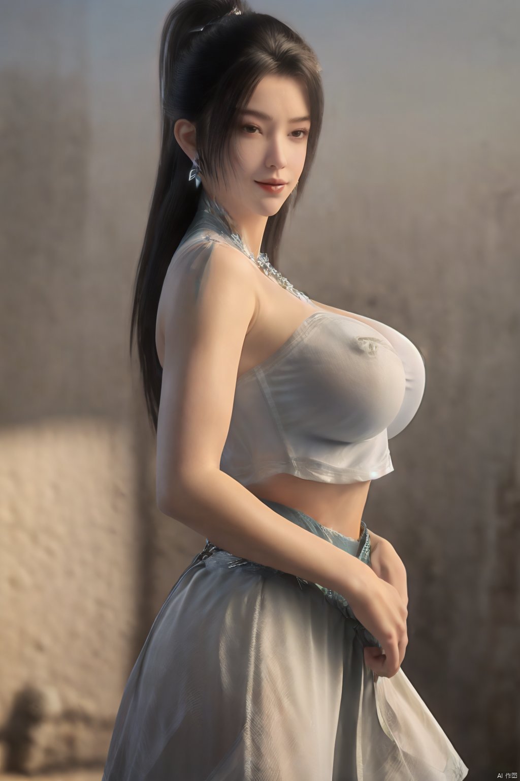 best quality, masterpiece, realistic,cowboy_shot,(Good structure), DSLR Quality,Depth of field,kind smile,looking_at_viewer,Dynamic pose, 1girl, solo, long hair, , looking at viewer, skirt, hair ornament, bare shoulders, jewelry, , earrings, outdoors, midriff, water, necklace, lips, crop top, ocean, white skirt, strapless vest, sunset, sun, ponytail,Xningyao, (big breasts:1.59),