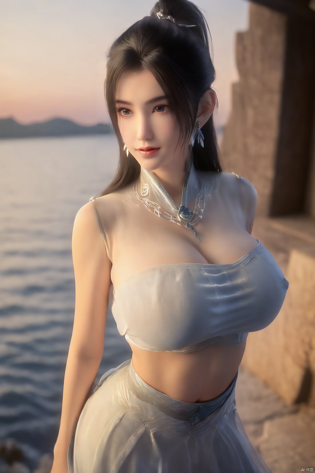 best quality, masterpiece, realistic,cowboy_shot,(Good structure), DSLR Quality,Depth of field,kind smile,looking_at_viewer,Dynamic pose, 1girl, solo, long hair, , looking at viewer, skirt, hair ornament, bare shoulders, jewelry, , earrings, outdoors, midriff, water, necklace, lips, crop top, ocean, white skirt, strapless vest, sunset, sun, ponytail,Xningyao, (big breasts:1.59),