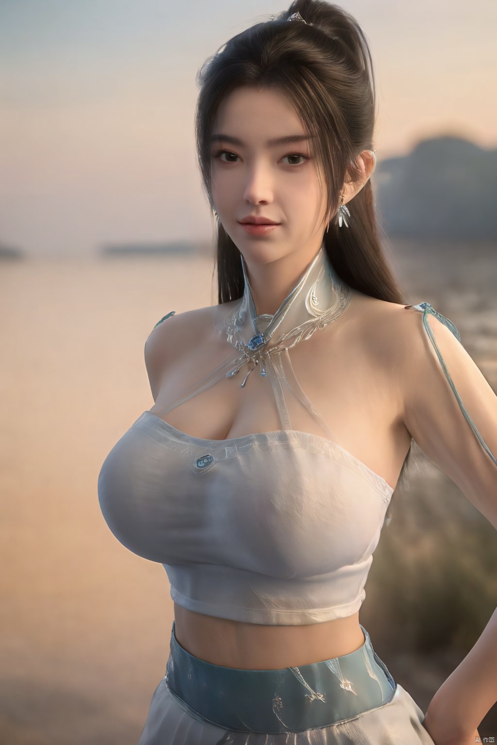 best quality, masterpiece, realistic,cowboy_shot,(Good structure), DSLR Quality,Depth of field,kind smile,looking_at_viewer,Dynamic pose, 1girl, solo, long hair, , looking at viewer, skirt, hair ornament, bare shoulders, jewelry, , earrings, outdoors, midriff, water, necklace, lips, crop top, ocean, white skirt, strapless vest, sunset, sun, ponytail,Xningyao, (big breasts:1.59),